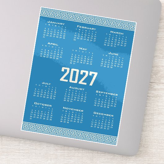 2027 Calendar, Greek Fret, Cosmic Latte on Blue Sticker (Detail)