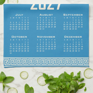 2027 Calendar, Greek Fret, Cosmic Latte on Blue Theedoek
