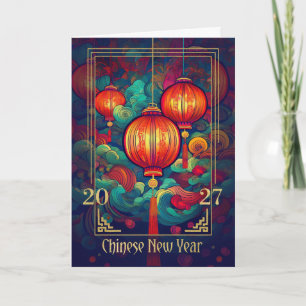 2027 Chinees Nieuwjaar Lantaarns en Wervelingen Feestdagen Kaart