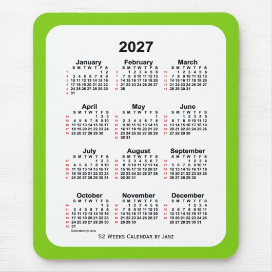 2027 Geel Groen 52-wekenkalender door Janz Muismat (Voorkant)