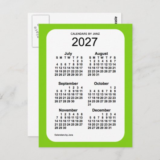 2027 Geel Groen 6-maandenlang mini-kalender door J Briefkaart (Voorkant / Achterkant)