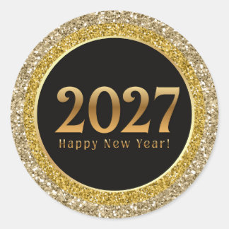 2027 gelukkig nieuwjaar, goud zwarte metalen glins ronde sticker