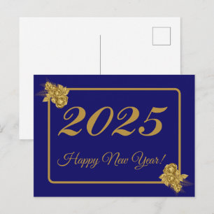 2027, Gelukkig nieuwjaar!gouden bloem & marineblau Briefkaart