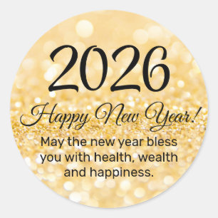 2027 gelukkig nieuwjaar, stijlvol schrift, gouden ronde sticker
