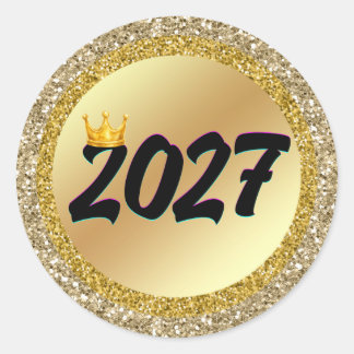 2027 Gouden Glitter Kroon Nieuwjaar Ronde Sticker