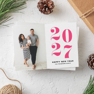 2027 Heet Roze Krachtige Typografie Nieuwjaarsfoto Feestdagen Kaart