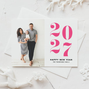 2027 Heet Roze Krachtige Typografie Nieuwjaarsfoto Feestdagenkaart