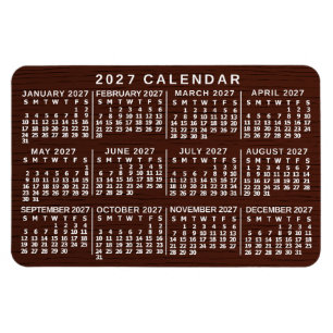 2027 Jaar Maandkalender Bruin Houtstructuur Eenvou Magneet