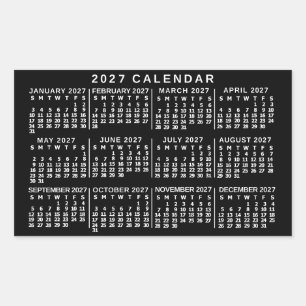 2027 Jaar Maandkalender Klassiek Zwart en Wit Rechthoekige Sticker