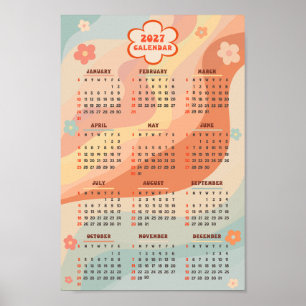 2027 Jaarkalender Groovy Vintage Pastel Swirl Poster
