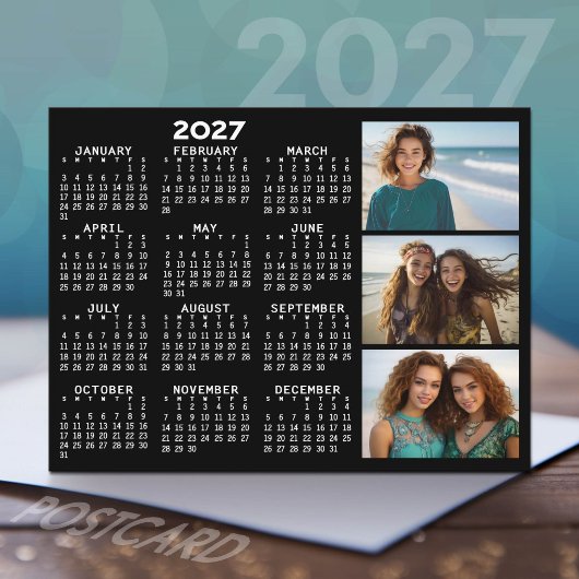 2027 Kalender 3 Foto's Basic Zwart Minimaal Briefkaart