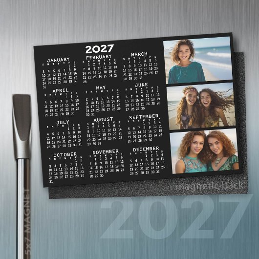2027 Kalender 3 Foto's Basic Zwart Minimaal Magnee