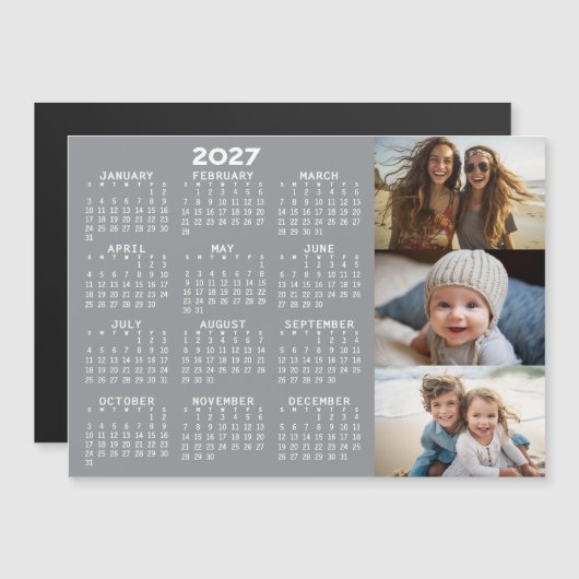 2027 Kalender 3 Foto's Minimal Grauwit Magneet (Voorkant / Achterkant)