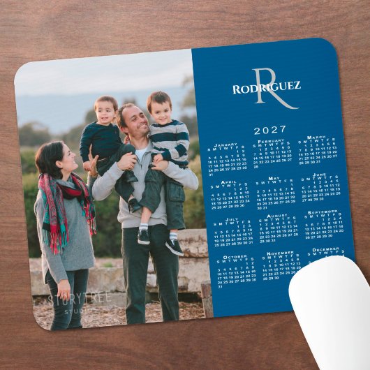 2027 Kalender Aangepaste Foto Monogram Naam Blauw Muismat