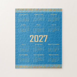 2027 Kalender, Griekse Fret, Beige op Cosmos Blauw Legpuzzel
