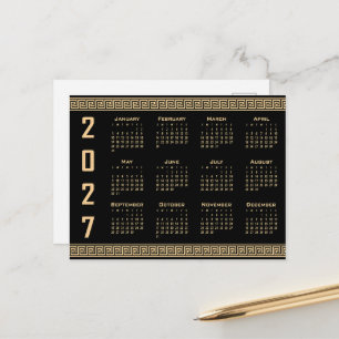 2027 Kalender, Griekse Fret, Beige op Zwart Briefkaart
