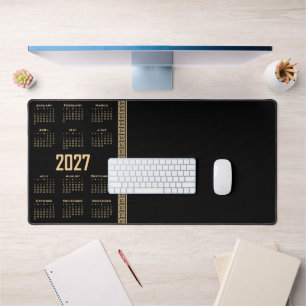 2027 Kalender, Griekse Fret, Beige op Zwart Bureaumat