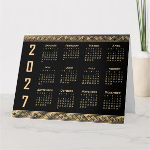 2027 Kalender, Griekse Fret, Beige op Zwart Kaart