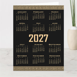 2027 Kalender, Griekse Fret, Beige op Zwart Kaart