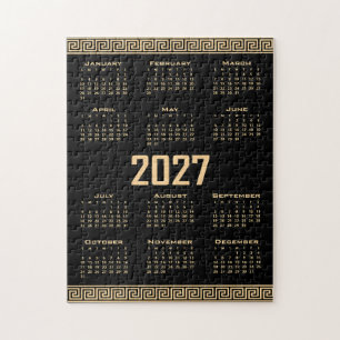 2027 Kalender, Griekse Fret, Beige op Zwart Legpuzzel