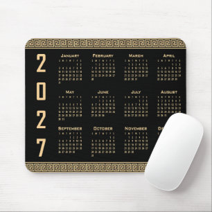 2027 Kalender, Griekse Fret, Beige op Zwart Muismat