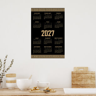 2027 Kalender, Griekse Fret, Beige op Zwart Poster