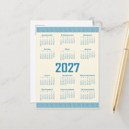 2027 Kalender, Griekse Fret, Blauw op Cosmic Latte Briefkaart