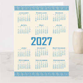 2027 Kalender, Griekse Fret, Blauw op Cosmic Latte Kaart