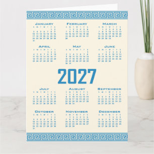2027 Kalender, Griekse Fret, Blauw op Cosmic Latte Kaart