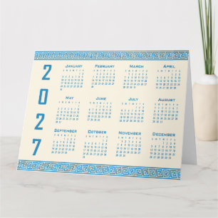2027 Kalender, Griekse Fret, Blauw op Cosmic Latte Kaart