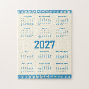 2027 Kalender, Griekse Fret, Blauw op Cosmic Latte Legpuzzel