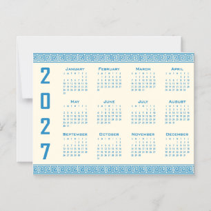 2027 Kalender, Griekse Fret, Blauw op Cosmic Latte Magnetische Uitnodiging