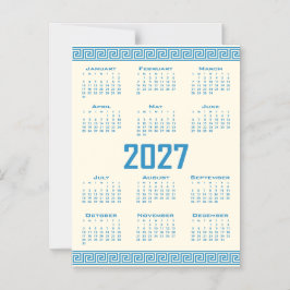 2027 Kalender, Griekse Fret, Blauw op Cosmic Latte Magnetische Uitnodiging