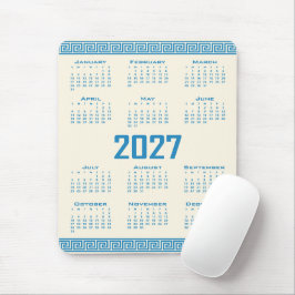 2027 Kalender, Griekse Fret, Blauw op Cosmic Latte Muismat
