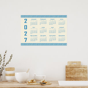 2027 Kalender, Griekse Fret, Blauw op Cosmic Latte Poster