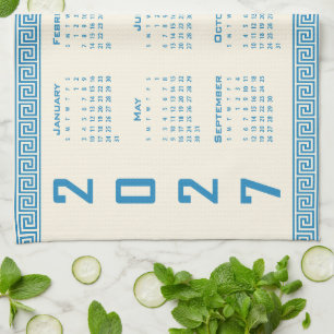 2027 Kalender, Griekse Fret, Blauw op Cosmic Latte Theedoek