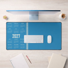 2027 Kalender, Griekse Fret, Cosmic Latte op Blauw Bureaumat