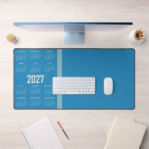 2027 Kalender, Griekse Fret, Cosmic Latte op Blauw Bureaumat