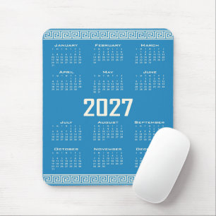 2027 Kalender, Griekse Fret, Cosmic Latte op Blauw Muismat