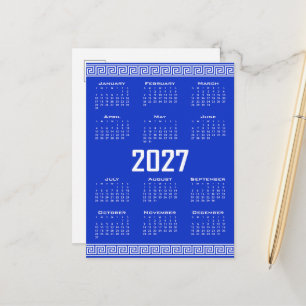 2027 Kalender, Griekse Fret, Wit op Grieks Blauw Briefkaart