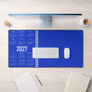 2027 Kalender, Griekse Fret, Wit op Grieks Blauw Bureaumat