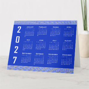 2027 Kalender, Griekse Fret, Wit op Grieks Blauw Kaart