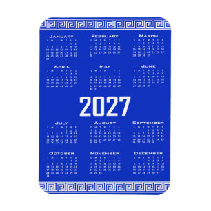2027 Kalender, Griekse Fret, Wit op Grieks Blauw Magneet