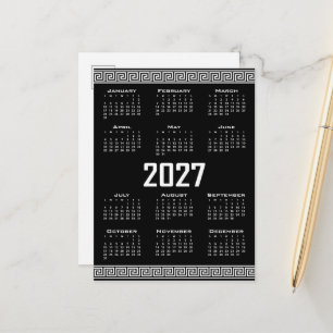 2027 Kalender, Griekse Fret, Wit op Zwart Briefkaart