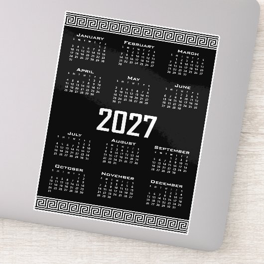 2027 Kalender, Griekse Fret, Wit op Zwart Sticker (Detail)