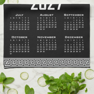 2027 Kalender, Griekse Fret, Wit op Zwart Theedoek