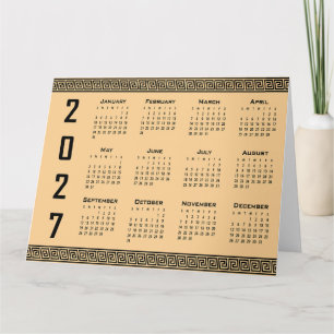 2027 Kalender, Griekse Fret, Zwart op Beige Kaart