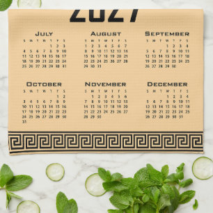 2027 Kalender, Griekse Fret, Zwart op Beige Theedoek