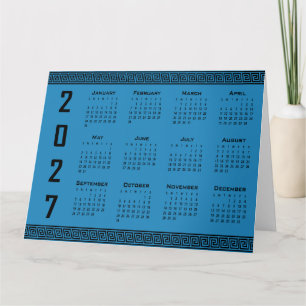 2027 Kalender, Griekse Fret, Zwart op Kosmos Blauw Kaart