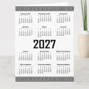 2027 Kalender, Griekse Fret, Zwart op Wit Kaart